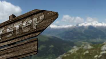 signpost, waypoint, step, nearest, nature, task, step by step, mountain, wood, grain, board, sign, direction, right, ways, marking, label, arrow, heaven, clouds, handcraft
